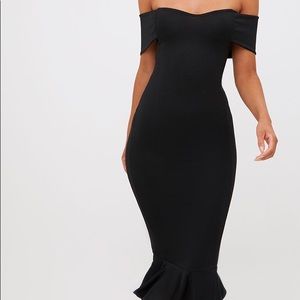 PLT black off shoulder midi body con dress